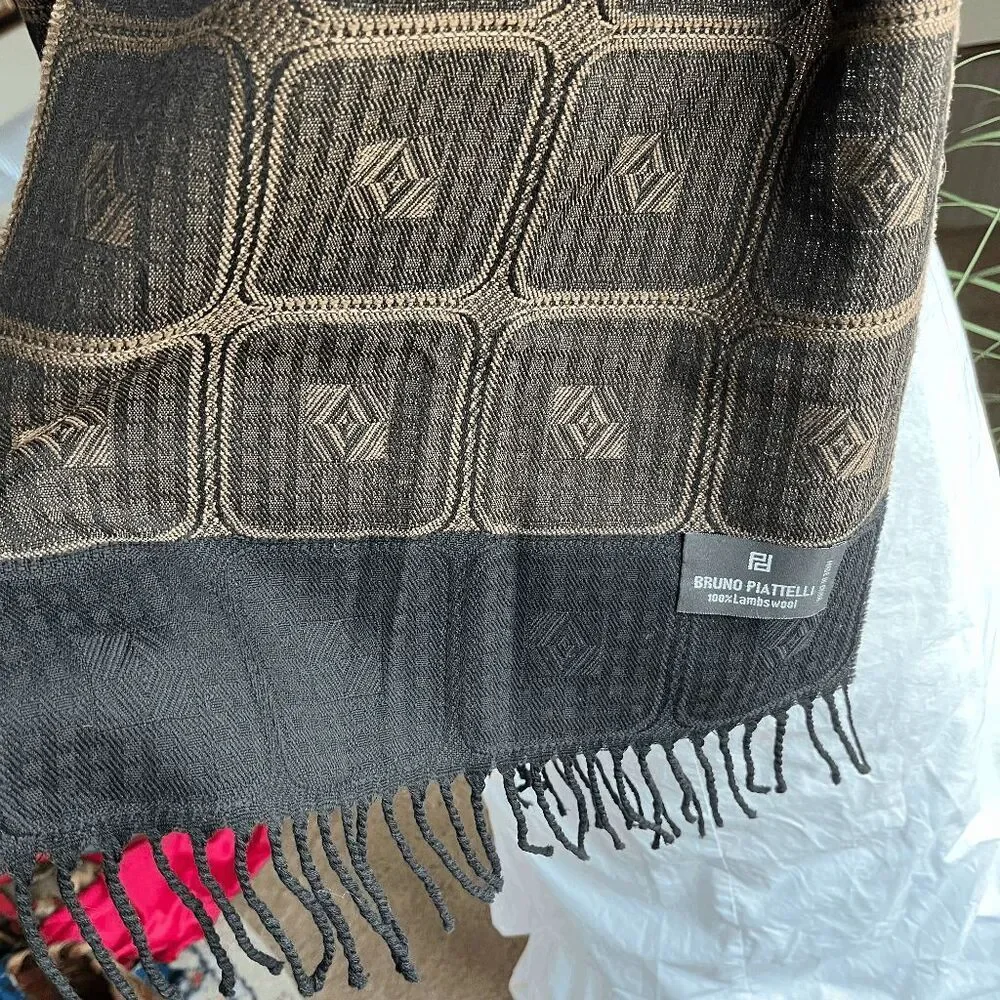 VTG Bruno Piattelli Lambswool Scarf Brown Jacquard Geometric Fringe Italy